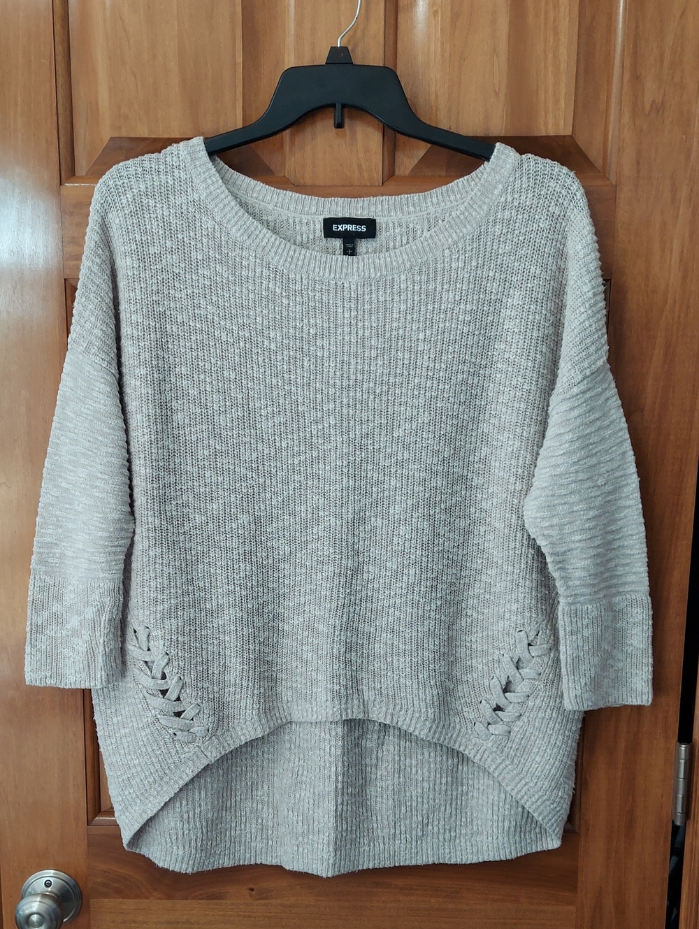 Express Oversized Tan and Ivory Scoop-Neck High-Low Knit Sweater, Size Large
